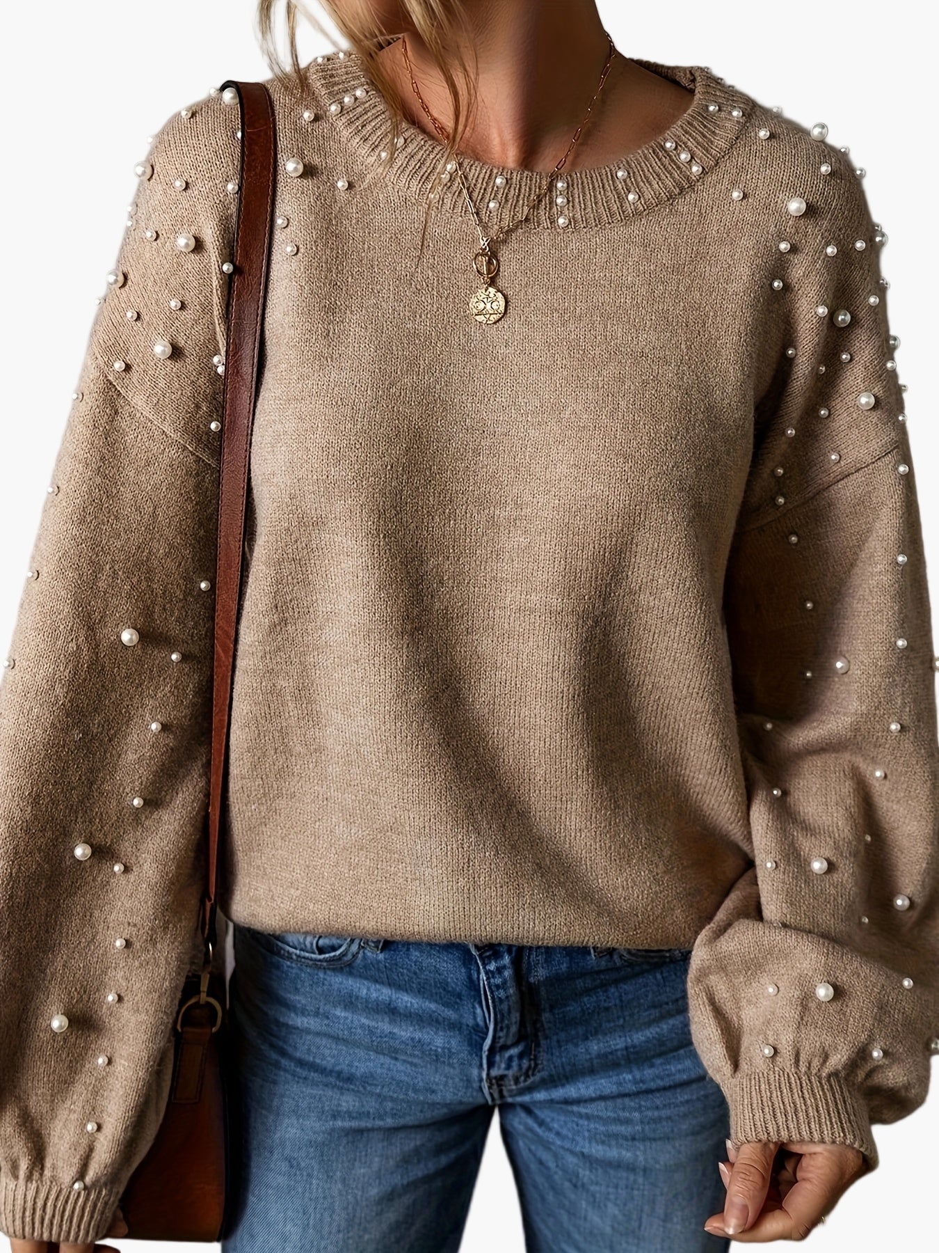 Damen Pullover Elegant mit Perlenbesatz und Ballonärmeln – Modischer Strickpullover für Alltag und Büro