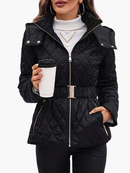 Damen Steppjacke mit Gürtel und Kapuze – Eleganter Alltagsmantel für Herbst & Winter