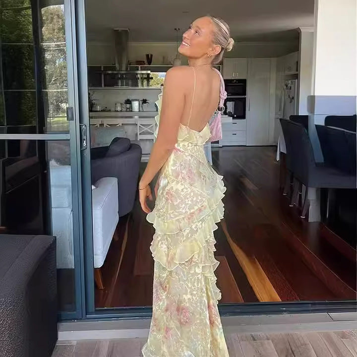 Damen Maxikleid mit Rüschen – Elegantes, ärmelloses Strandkleid im Socialite-Stil für Sommer und besondere Anlässe