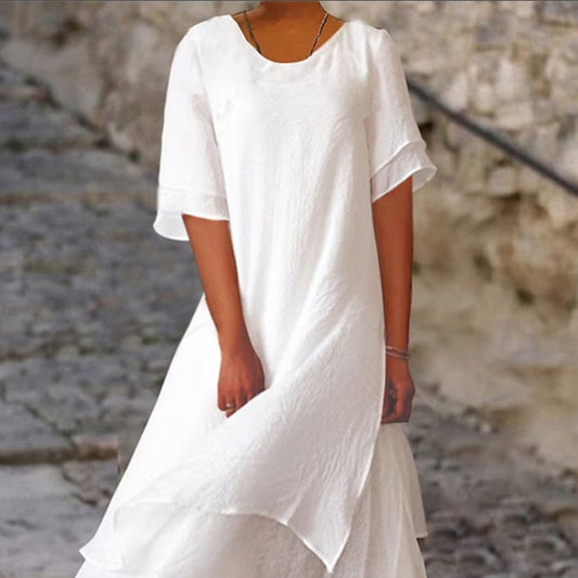 Jacqueline – Modisches lässiges zweilagiges kurzes Kleid mit Rundhalsausschnitt