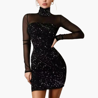 Damen Elegantes Bodycon Minikleid mit Sternenmuster und Mesh-Ärmeln – Perfekt für Partys und besondere Anlässe