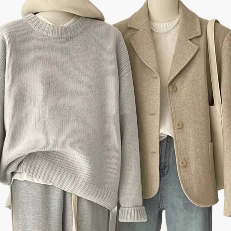 Damen Set Lässiger Retro Japanischer Stil – Strickpullover und Blazer für Alltag und Freizeit