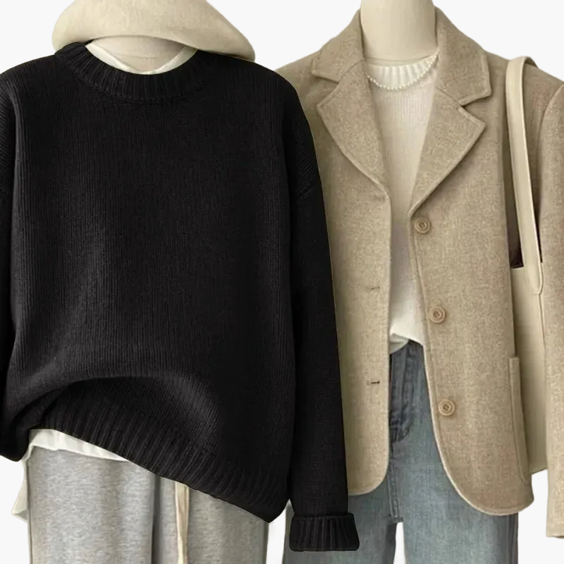 Damen Set Lässiger Retro Japanischer Stil – Strickpullover und Blazer für Alltag und Freizeit