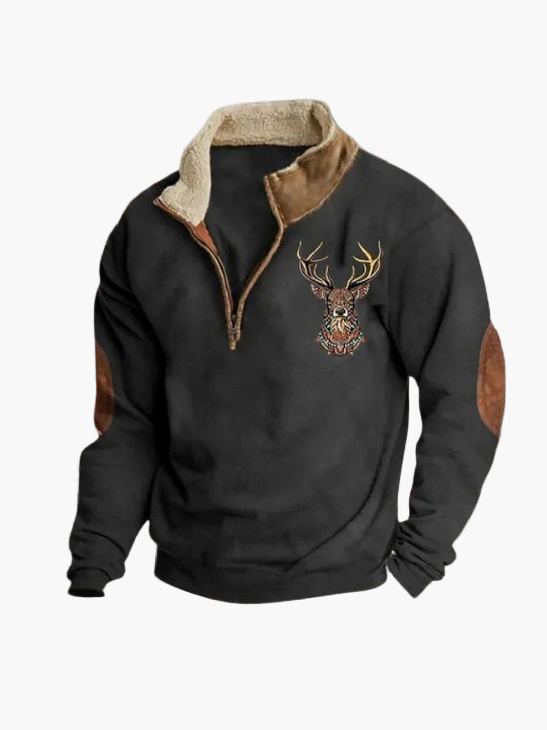 Herren Sweatshirt mit Hirschstickerei und Viertelreißverschluss – Gemütlicher Freizeitpullover für Outdoor & Alltag