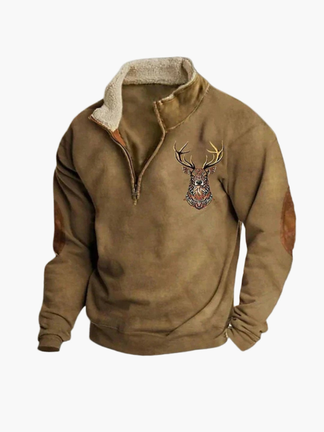 Herren Sweatshirt mit Hirschstickerei und Viertelreißverschluss – Gemütlicher Freizeitpullover für Outdoor & Alltag