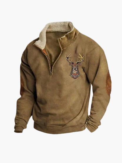 Herren Sweatshirt mit Hirschstickerei und Viertelreißverschluss – Gemütlicher Freizeitpullover für Outdoor & Alltag
